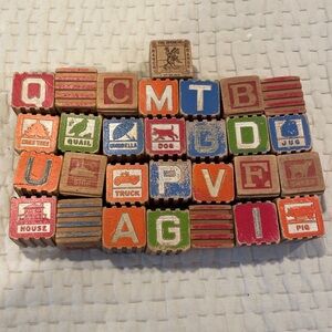 Antique Vintage Wood Alphabet Blocks Lot Of 29 ridges grooves 1.75”